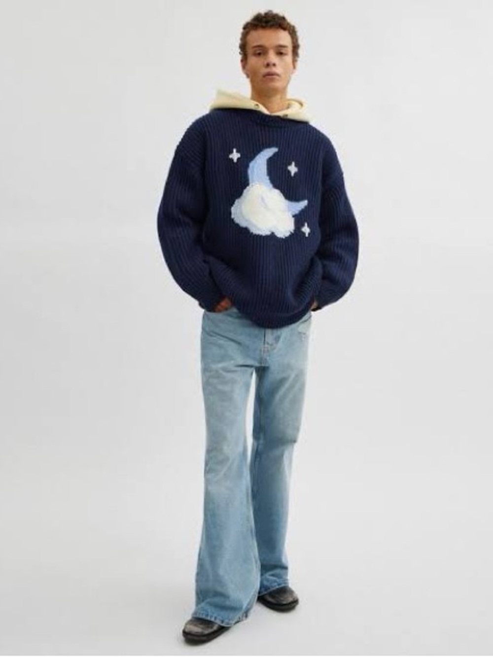 Coach Men's Navy Graphic Moon & Cloud Sweater Cashmere and Wool